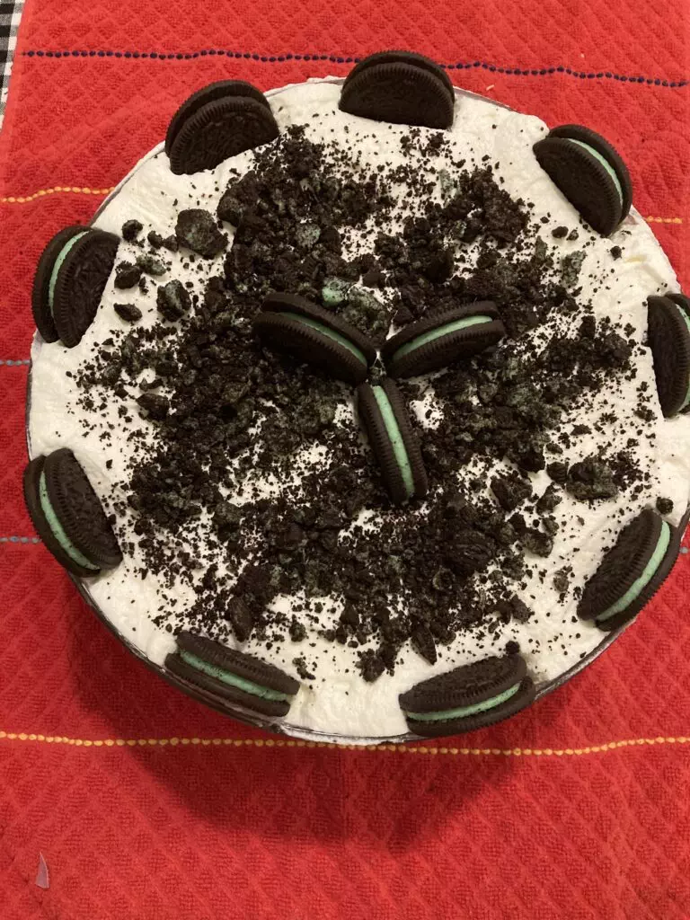 Oreo brownie trifle in bowl with Oreos on display