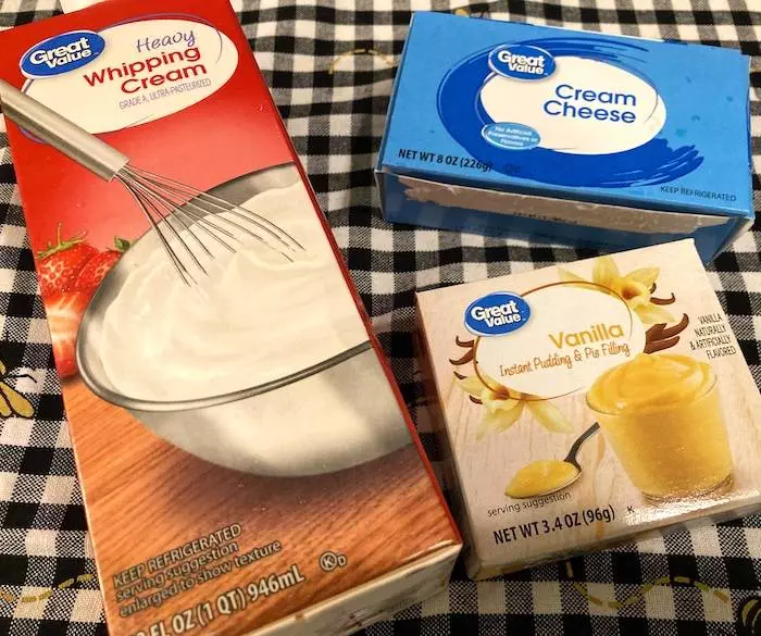 whipping cream, cream cheese, and vanilla pudding mix