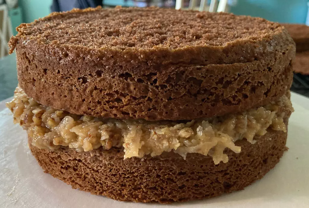 German Chocolate cake with coconut pecan frosting