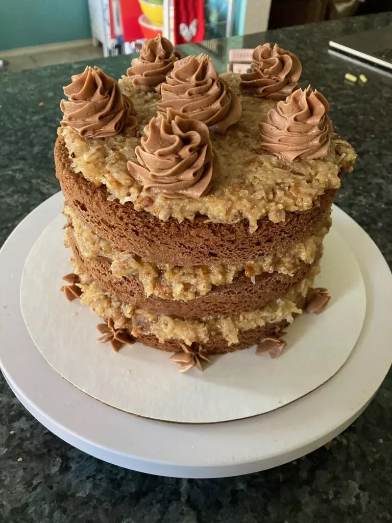 German Chocolate cake with coconut pecan frosting
