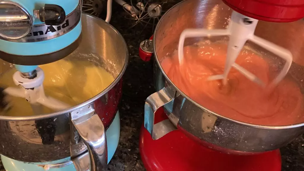 lemon and strawberry cake batter in mixers