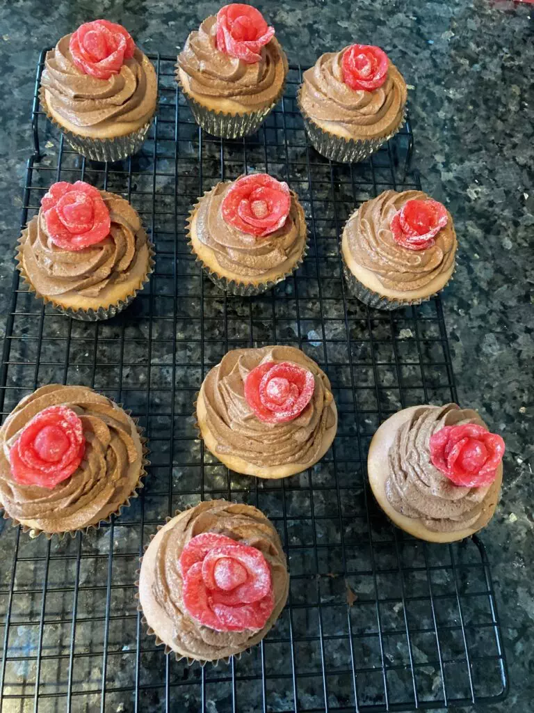pink velvet cupcakes with chocolate ganache frosting