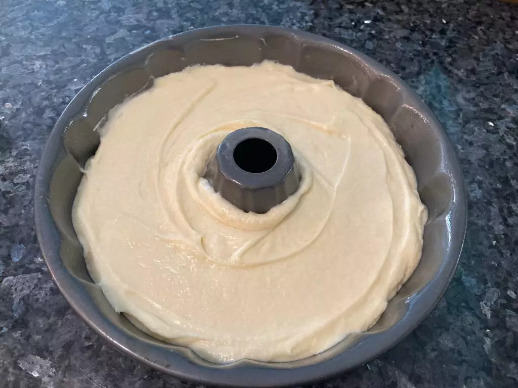 pound cake batter in bundt pan