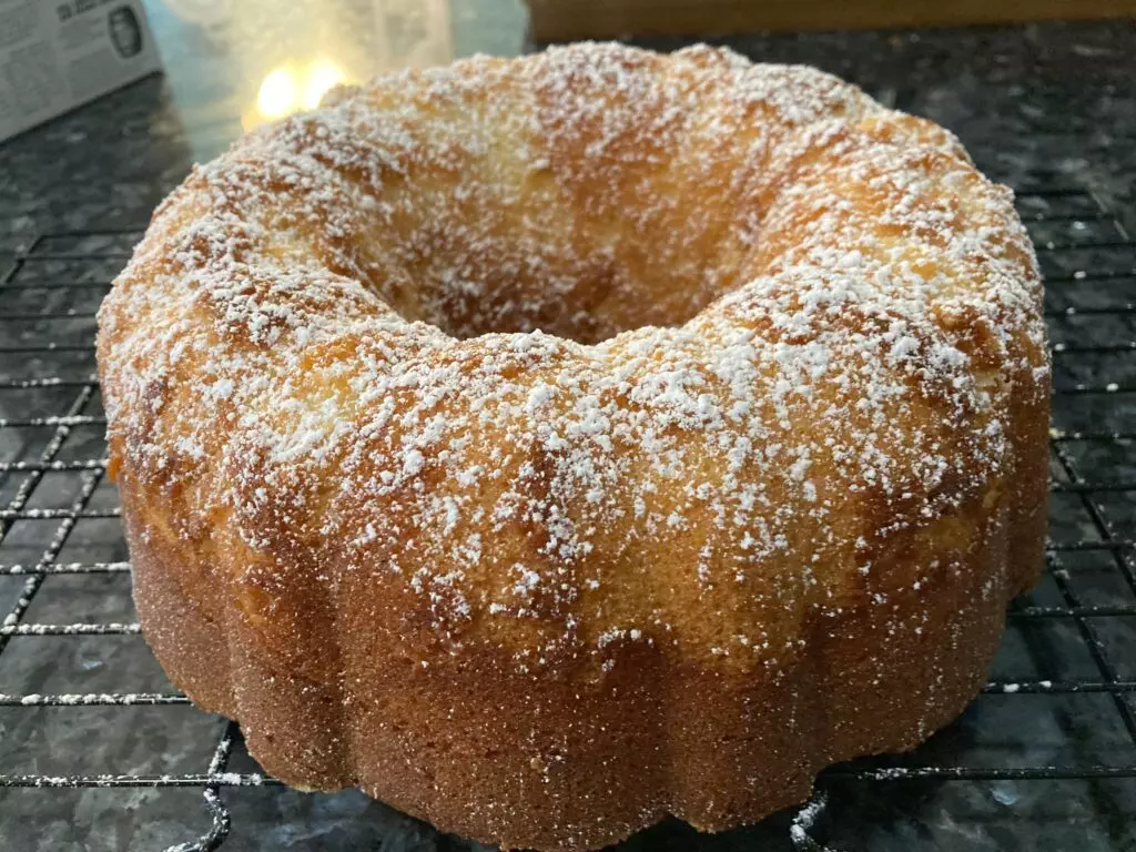 Pound cake with powdered sugar on top from Out of the Box Baking.com