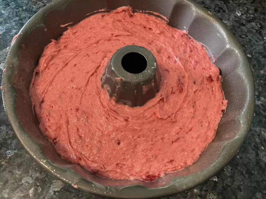 pink batter in bundt pan