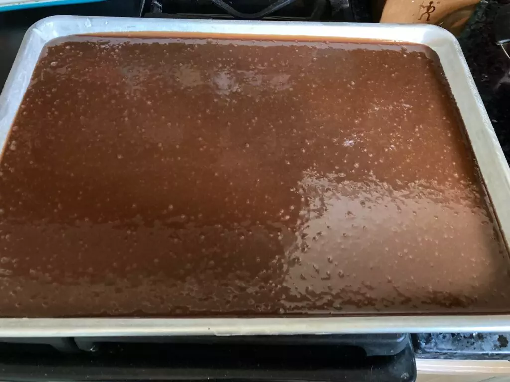 The Perfect Texas Sheet Cake from Out of the Box Baking.com (batter in pan)