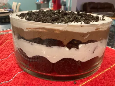 side view of trifle bowl, ready to serve