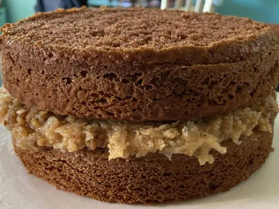 German Chocolate cake with coconut pecan frosting