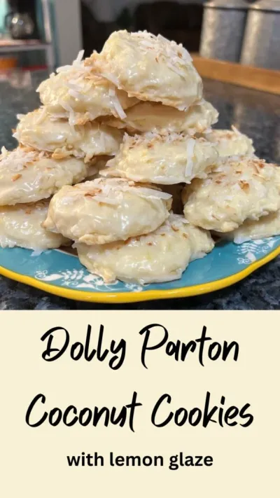 pinterest pin: Dolly Parton coocnut cookies with lemon glaze, cookie stacked on plate