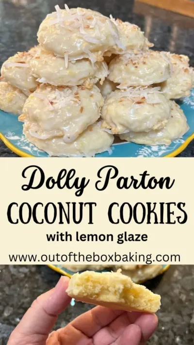 coconut cookies with lemon glaze and toasted coconut on top labeled Dolly Parton Coconut Cookies with Lemon Glaze