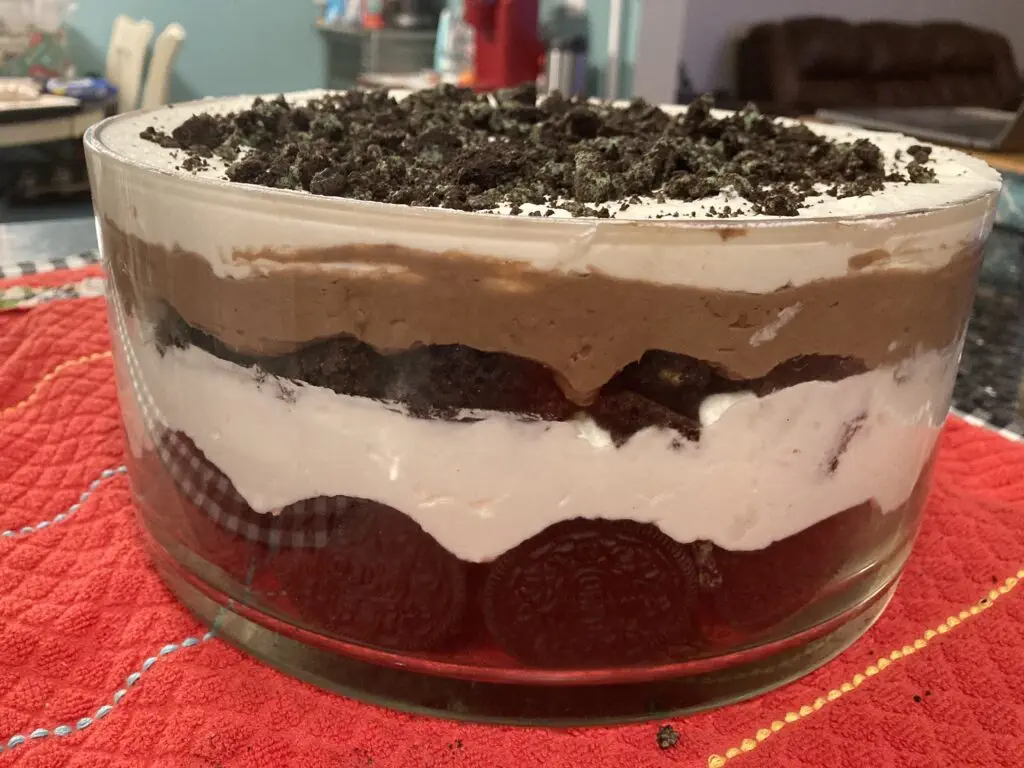 side view of trifle bowl, ready to serve