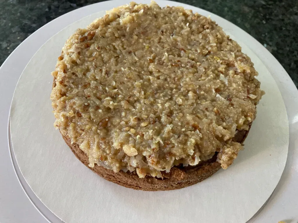 German Chocolate cake with coconut pecan frosting