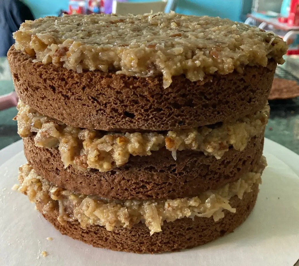 German Chocolate cake with coconut pecan frosting