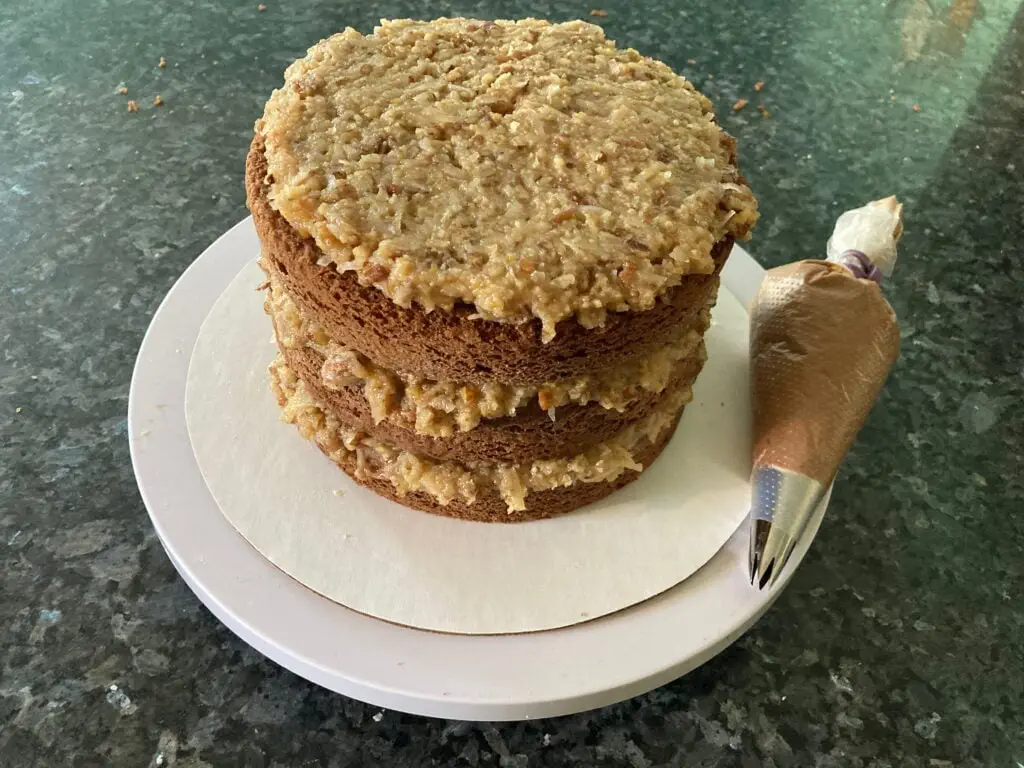 German Chocolate cake with coconut pecan frosting