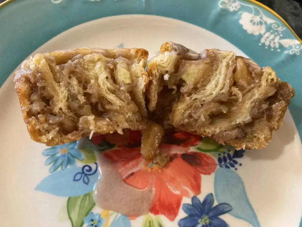bananas foster cinnamon rolls (cut open, interior view)
