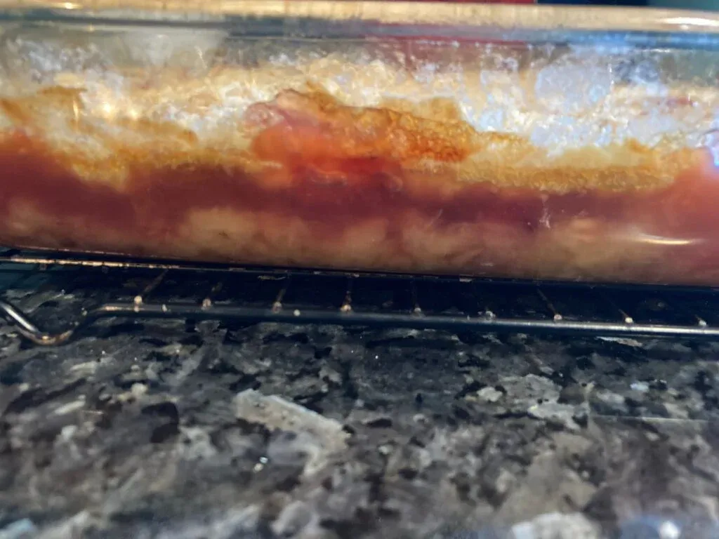 baked pineapple upside down dump cake side view